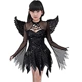Hotcostyle Halloween Cosplay Angel Dress Princess Dress with Wings and Halo for Girls 3pcs Black