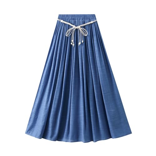 Womens Cotton Linen Skirt Drawstring Pleated Midi Skirts Elastic High Waist A-Line Skirt Prom Party Casual Skirts