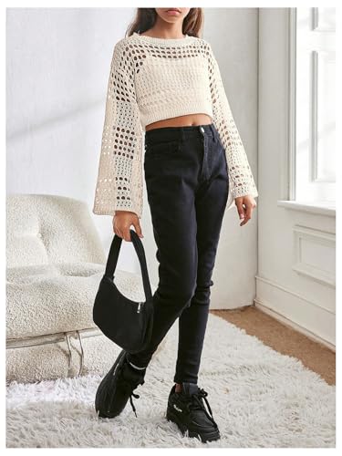 Image of RoseSeek Girl's Hollow Out Knitted Crop Sweater Long Sleeve Crew Neck Drop Shoulder Sheer Pullovers Knitwear