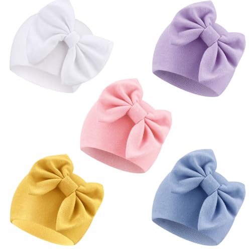 Image of BQUBO Newborn Baby Girls Hats Hospital Hat Baby Cotton Beanie Infant Big Bow Hats for 0-24 Months