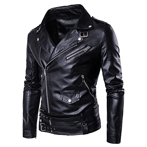 AOWOFS Men's Motorcycle Faux Leather Jacket Zip Slim Fit Double Belt Punk Biker Jacket4