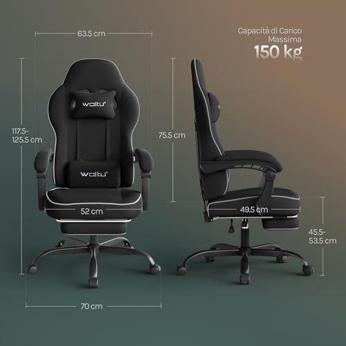 Sedia Gaming, Ampia Sedia da Ufficio Ergonomica Imbottita con Cuscino a Molla, Alta Capacità di Carico, Poltrona per Computer con Schienale Alto e Poggiapiedi, Tessuto a rete, Nero, GS11sz - Sedia gaming - Immagine 2