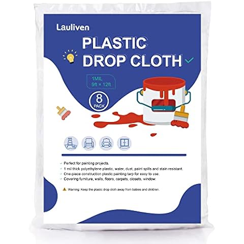 8-Pack Plastic Drop Cloth, 9x12 Feet Clear Plastic Painting Tarps Waterproof, 1 Mil Thick Drop Sheet for Furniture Couch Floor Cover Cover