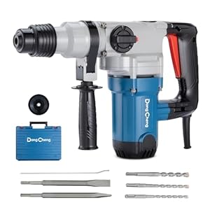 Dong Cheng 1-1/8 Inch SDS-Plus Rotary Hammer Drill with Safety Clutch, 9.2 Amp Heavy Duty Corded Demolition Hammer for Concrete, 3.6 Joules, Including 3 Drill Bits, Flat Chisels and Point Chisels