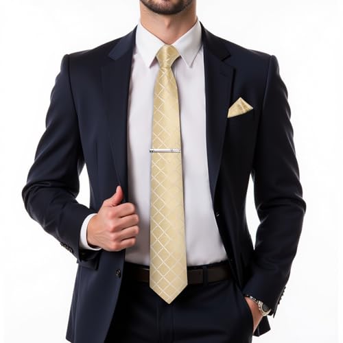 Image of DiBanGu Mens Silk Plaid Tie and Pocket Square Set | Elegant Silk Formal Tie Set, Woven Check Necktie and Cufflinks Tie Clip Set, Perfect for Wedding Party, Comes in Gift Box