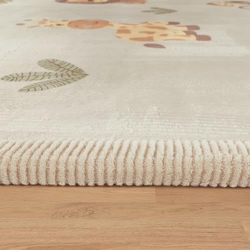 Paco Home Teppich Kinderzimmer Baby Krabbeldecke Krabbelmatte Spielmatte Waschbar rutschfest Regenbogen Planet Sonne Tiere Weich, Grösse:120 cm Rund, Farbe:Beige