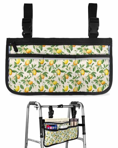 Anzona Yellow Lemon Wheelchair Side Bag Walker Bag, Rustic Floral Botanical Burlap Wheelchair Accessories Armrest Pouch, Organizer Storage Bag for Walkers, Rollators, Scooters, 7.3''x13''