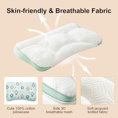 Image of Reidio 1Pc Toddler Pillows with Removable Cotton Pillowcase Ergonomic Design Toddler Pillows for Sleeping Toddler Neck Pillow Kids Pillows Machine Washable 14x20in (Blue Green)