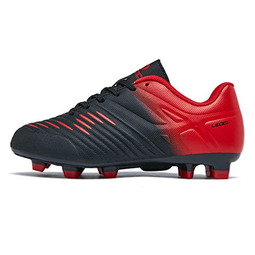 LEOCI Fußballschuhe for Jungen Mädchen Kinder Little Kids Firm Ground Sportliche Football Boots,Schwarz Rot,34 EU