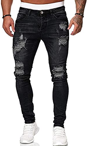 Photo 1 of Koodred Men's Ripped Tapered Leg Pants Distressed Destroyed Skinny Slim Fit Stretch Denim Pants Jeans Black XX-Large