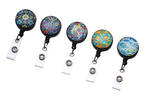 Purida Name Badge Reel,Id Badge Reels With Belt Clip, Retractable Badge Reel, Nurse Badge Reel, 5 Assorted Patterns Decorative, 5 Pack, Paisley #TOP6