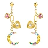Pendientes colgantes de oro con forma de corazón y luna para mujer, chapados en oro de 14 quilates, con circonita cúbica colorida, con cadena larga y corazón de amor, aretes de luna brillante, regalos