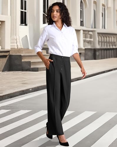 JEKAOYI Womens Dress Wide Leg Pants Work High Waist Pants Business Casual Stretchy Trousers Pull On Slacks with Pockets Black JEKAOYI Womens Dress Wide Leg Pants Work High Waist Pants Business Casual Stretchy Trousers Pull On Slacks with Pockets Black - Image 3