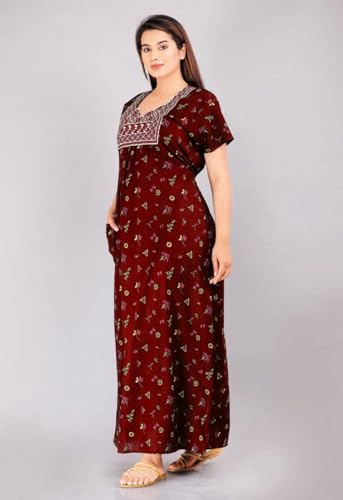 Image of DIAMO Pure Cotton Embroidery Nighty for Women, Cotton Night Gown, Night Maxi Gown, Cotton Nighty with a Pocket and Adjustable Knot