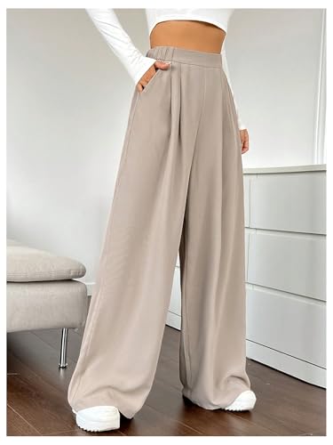 GORGLITTER Women's Gaucho Office Pleated Wide Leg Work Dress Pants Stretch Elastic High Waist Trousers with Pockets4
