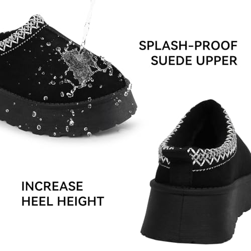 Samilor Women's Winter Platform Slippers: Round Toe Suede Fuzzy Furry House Shoes for Indoor Outdoor - Comfortable Slip on Short Mini Boots - Black 92