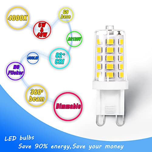 Heifymi G9 LED Bulb Dimmable 5W 4000K Natural White, Replace G9 40W Halogen Equivalent, AC120V G9 Bipin Base LED Bulbs for Chandelier Pendant Light, 0-100% Dimmable, No Flicker, 400LM(6pack)