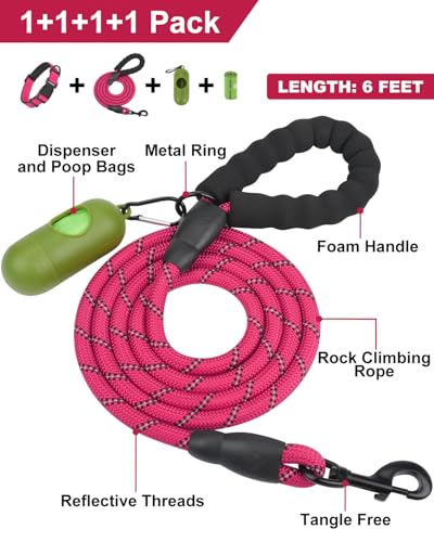 Dynmeow Reflective Dog Collar and Leash Set, 6FT Strong Climbing Rope Leash with Padded Handle, Adjustable Pet Collar with Soft Neoprene Padding for Large Dogs, Hot-Pink, L - Image 3