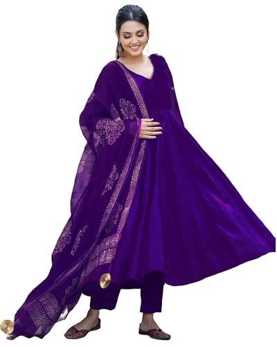 Image of GoSriKi Women's Kurta with Pant and Dupatta, Violet, L