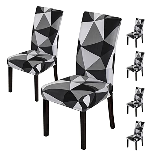 Image of House of Quirk Elastic Chair Cover Stretch Removable Washable Short Dining Chair Cover Protector Seat Slipcover (Pack of 6, Black Triangle), Polyester