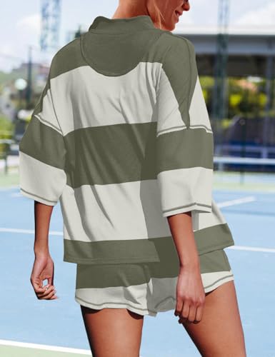 Womens Striped Two Piece Outfits Matching Sets Lounge Workout Set Top and Short with Pockets Casual Travel Clothing3
