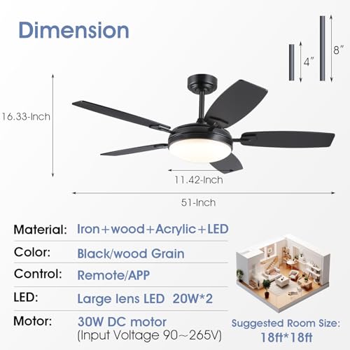 52 Inch Ceiling Fans with Lights and Remote,Black Outdoor Ceiling Fans with Dimmable 3 Colors 6 Speeds, Reversible Noiseless DC Motor,Modern LED Ceiling Fans for Living Room Patio Kitchen by MADSHNE - Image 8