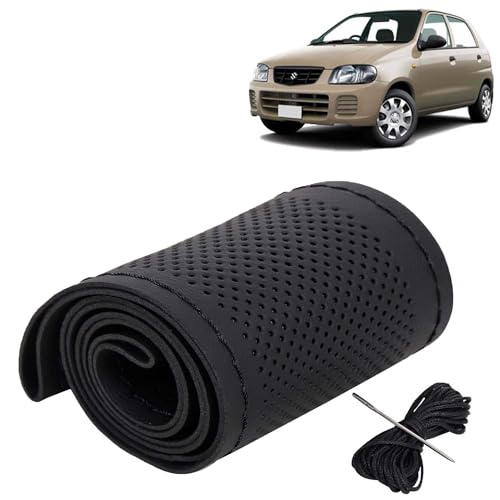 Image of KINGSWAY PU Leatherite Car Steering Cover Sewable Compatible with Maruti Suzuki Alto (Year 2000-2012), Black Color with Black Thread, Pack of 1 with Sewing Needle and Thread