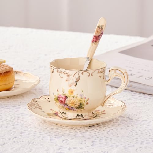 YOLIFE Tea Cups and Saucers Set of 6, Ivory Porcelain Tea Cups Set with Stand, Floral with Gold Leaves Trim Design, Gift for Women (Includes Gift Box, Tote Bag, Greeting Card) by YOLIFE - Image 8