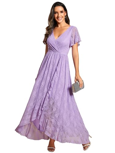 Ever-Pretty Abito Damigella Donna Lungo Laccio High Low Maniche Corte Scollo A V Abiti Cerimonia Taglie Forti Lavanda 36