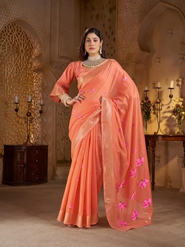 Image of SWORNOF Womens Linen Silk Saree | Saree for Women With Unstitched Blouse | Saree with Blouse Piece | Soft and Skin Friendly