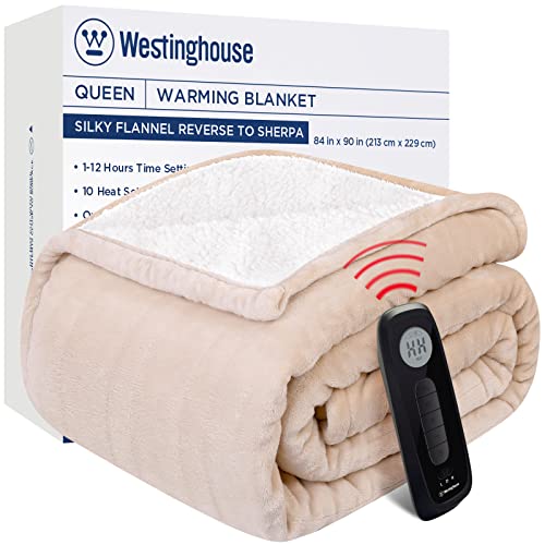 Westinghouse Electric Blanket Queen Size, Heated Blanket With Wireless Control, 10 Heating Levels & 1 To 12 Hours Time Settings, Flannel To Sherpa Heating Blanket, Machine Washable (Beige, 84" X 90") #TOP9