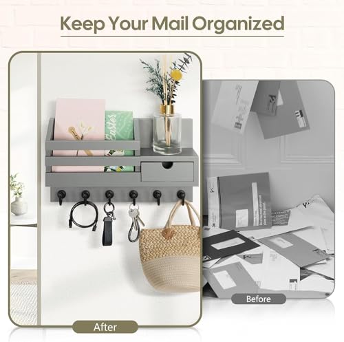 Image of Wooden Wall Mounted Key Holder with Hooks and Organizer Shelf Wall Rack for Letters Wallets and Accessories Home and Office Wall (Grey, Drawer Organizer)