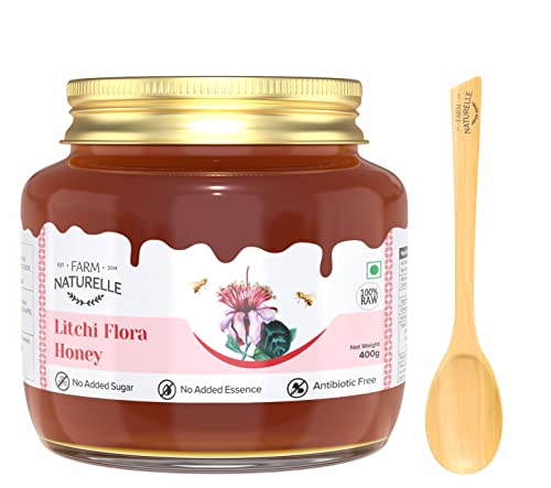 Image of Farm Naturelle Litchi Forest Flower Wild Honey 400gm|100% Pure Honey | Raw & Unfiltered|Unprocessed|Lab Tested Honey In Glass Jar with Engraved Virgin Wooden Spoon
