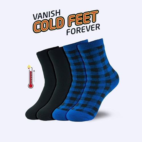 HOT FEET Boys and Girls 2 Pack Heavy Thermal Socks - Traps in Warmth – Kids Thick Insulated Crew for Casual Cold Weather Use (Black/Blue)