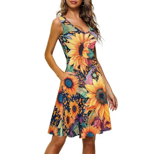 Image of Big Sunflower Women's Summer Midi Dress Slim Fit Sundresses Casual Loose Sleeveless Summer Dress Swing A-Line Tank Dress, Medium