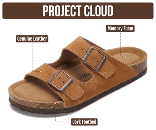 Image of Project Cloud 100% Genuine Leather Flat Sandals For Women 2026 Cork Footbed Womens Sandals with Memory Foam and arch support Vacation Essentials Slides for Women Footwear (Venita)
