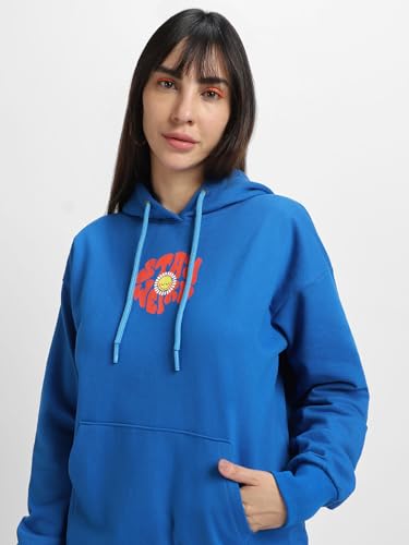 Image of JUNEBERRY Cotton Poly Fleece Oversized Fit Black, Green, Magenta, Mustard, Orange, Purple, Blue, Off White & Grey Graphic Printed Full Sleeve Hoodie for Women