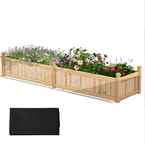 HOMASIS Huerto Urbano Terraza, Cama de Jardinera Elevada para Exterior en Madera de Abeto con 2 Compartimentos, Base Desmontable,8 Orificios de Drenaje,Escalera de Plantas,227x59,5x40cm (Natural)