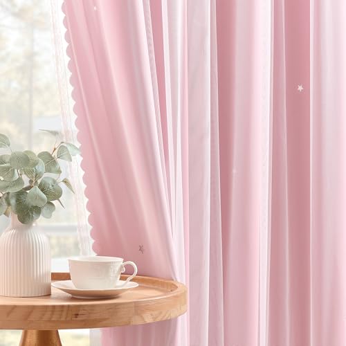 Image of XiDi Light Pink Blackout Curtains for Girls Bedroom Living Room 63 Inches Long 2 Panels Hollow Star Nursery Kids Thermal Insulated Room Darkening Drapes Grommet Noise Reducing Window Curtains 52x63