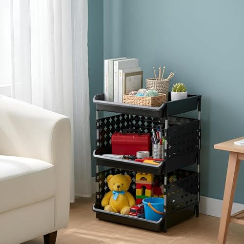 Image of JD Fresh 3 Tier Plastic Storage Drawer Organizer /Stackable Kitchen Organiser Rack /Breathable Design Shelf Storage Stand /Multipurpose Storage Rack for Kitchen, Office, kids room and Pantry (Black)