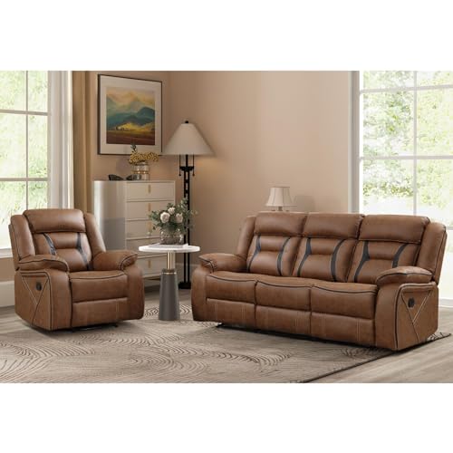 Image of EBELLO Manual Recliner Sofa Set, Faux Leather Reclining Living Room Furniture Set, Included Recliner Chair and 3 Seat Manual Recline Sofa, Brown