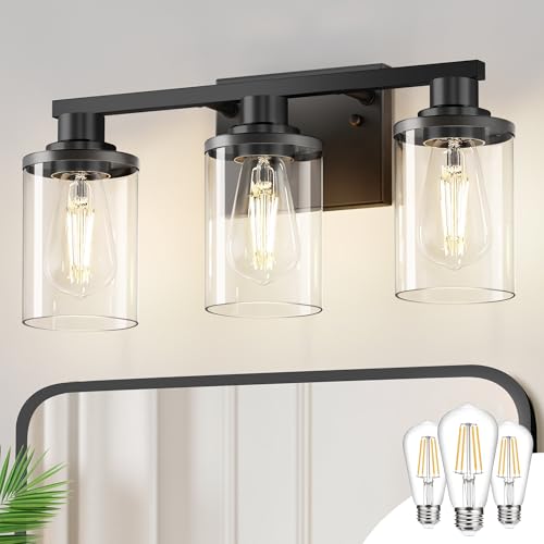 Image of DORESshop 17 Inch 3-Light Black Bathroom Vanity Light with 3 Bulbs
