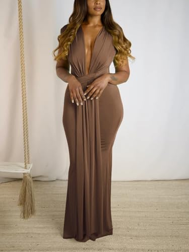 Image of Ekaliy Elegant Bodycon Dresses for Women Deep V Neck Maxi Dress Mermaid Long Dress