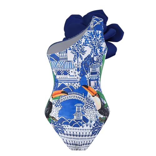 One Shoulder Swimsuits for Women 3D Flower Decoration One Piece Swimsuit with Cover up Set4