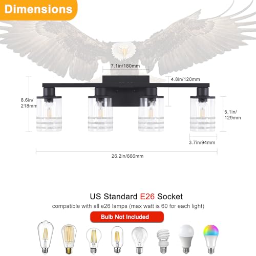 Image of YYT 4 Light Bathroom Light Fixtures Black Vanity Lights for Bathroom Vanity Light Matte Black 4 Light with Clear Glass Shades