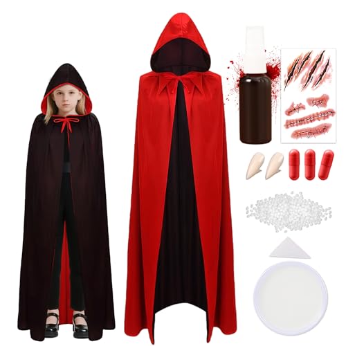 Cape de vampire d'Halloween Enfant,Noir Rouge Réversible Cape,Costume Halloween Vampire,des autocollants de tatouage,Avec des dents,Sang Artificiel,120/140 cm,Cosplay Costumes (Noir Rouge 120)