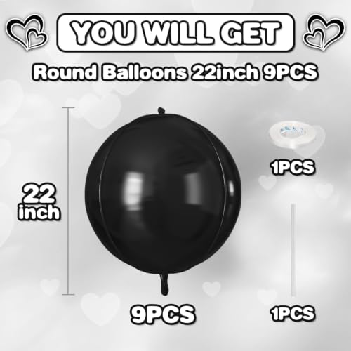 Image of 9 Pcs Black Round Foil Balloons,22 Inch Metallic Black Round Balloons