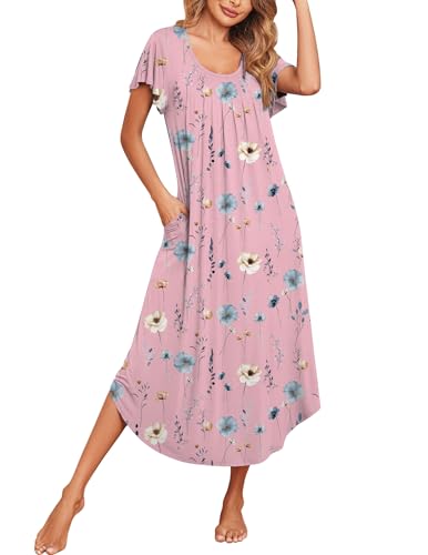 Image of Ekouaer Long Nightgowns for Women with Pockets Short Sleeves Moo Moos for Women Casual Maxi Dress House Dresses S-XXXL