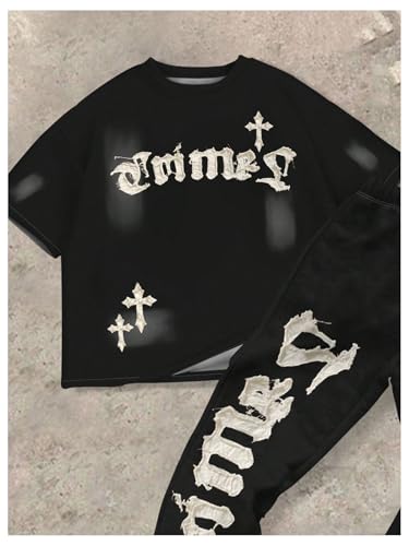 Boy's 2 Piece Tracksuit Letter Cross Graphic Short Sleeve T Shirt Flare Leg Sweatpants Sets Streetwear3