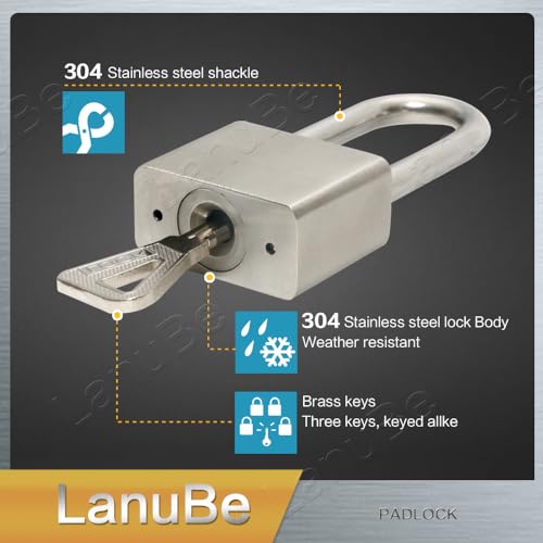 Image of Lanube 304 Stainless Steel Keyed Alike Marine Padlocks for Outdoor use, 1-9 /16 inch Wide Body, Stainless Steel Body Long Shackle, Pack of 2